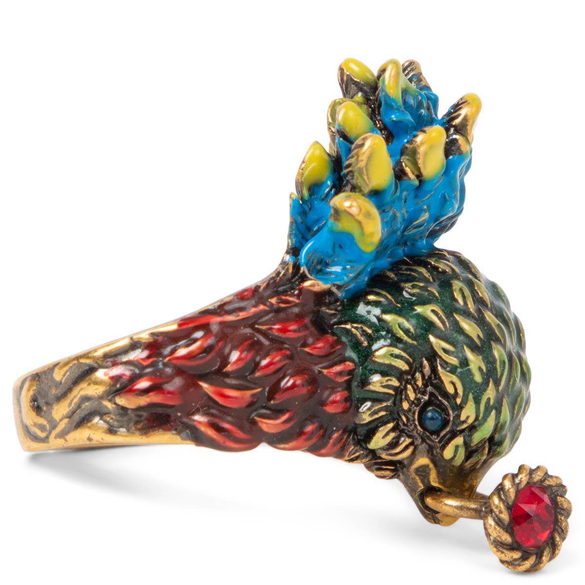 GUCCI gold-tone & multicolor enameled BIRD & CRYSTAL Ring 10 For Sale