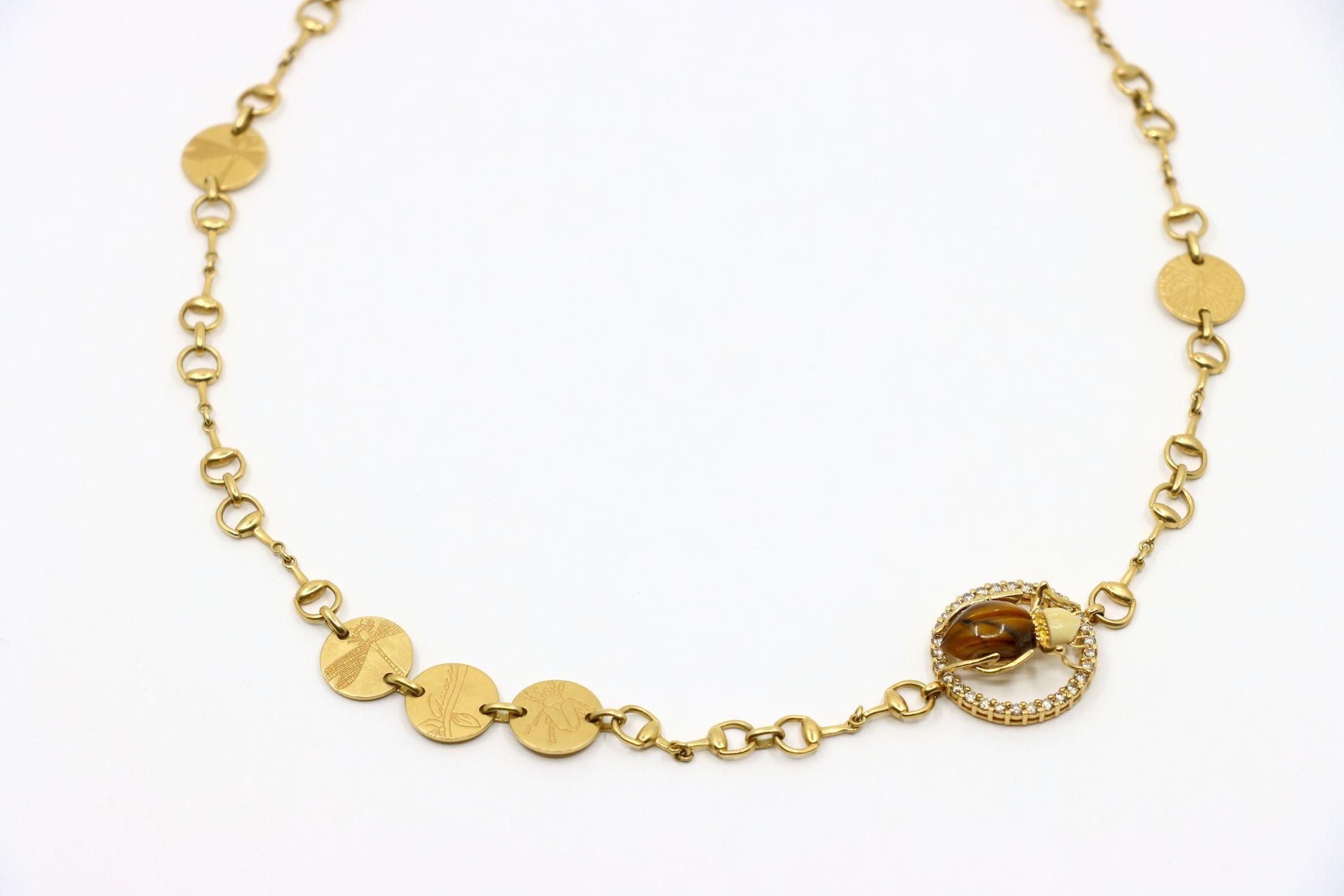 Cabochon GUCCI 18K Gold Tiger Eye Insect Necklace For Sale