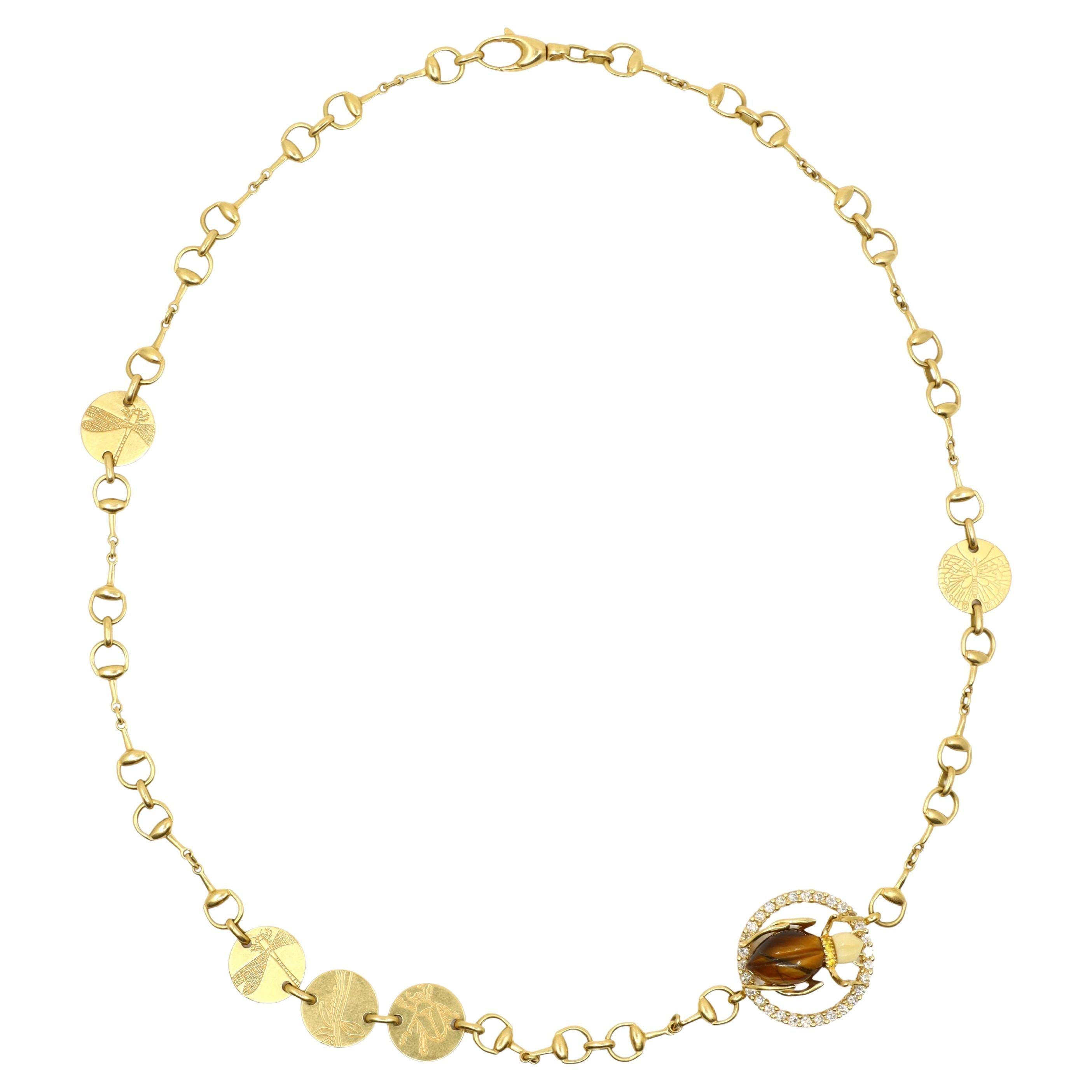 GUCCI 18K Gold Tiger Eye Insect Necklace For Sale