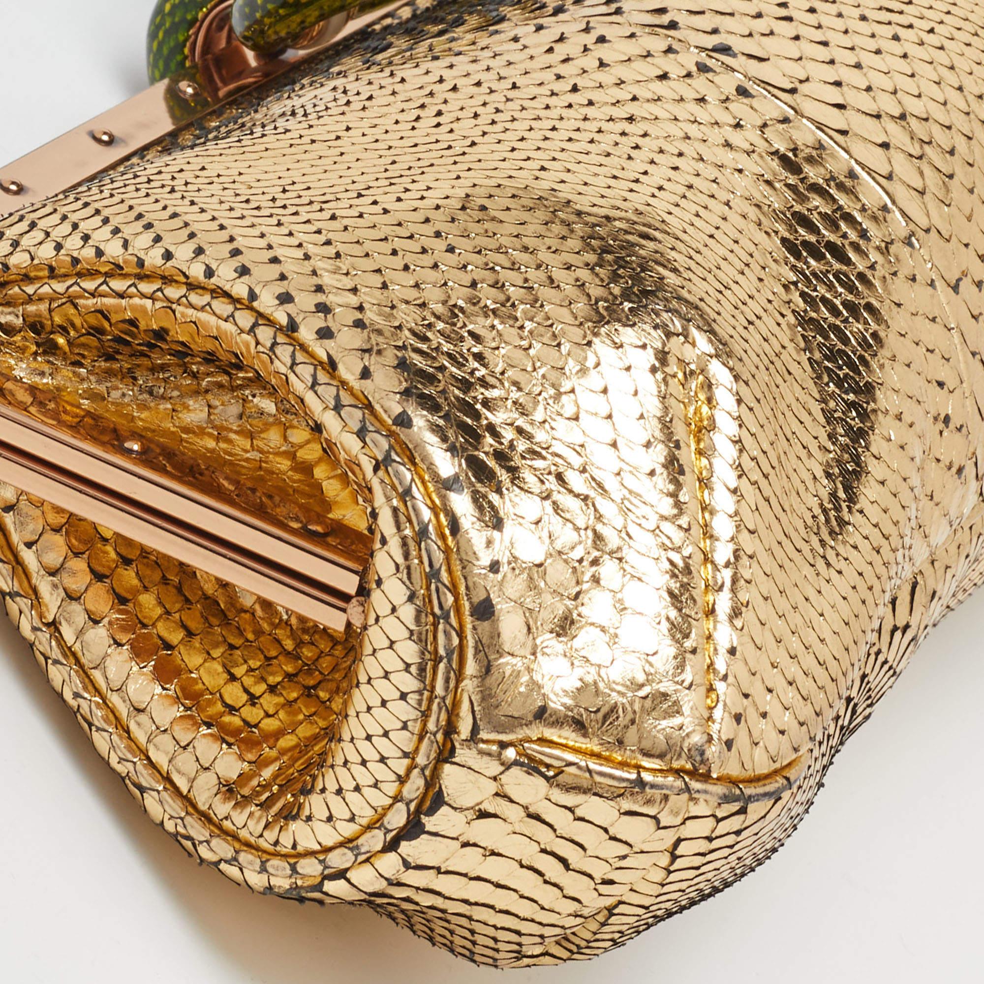 Gucci Gold Watersnake Leather Serpent Buckle Frame Clutch For Sale 2