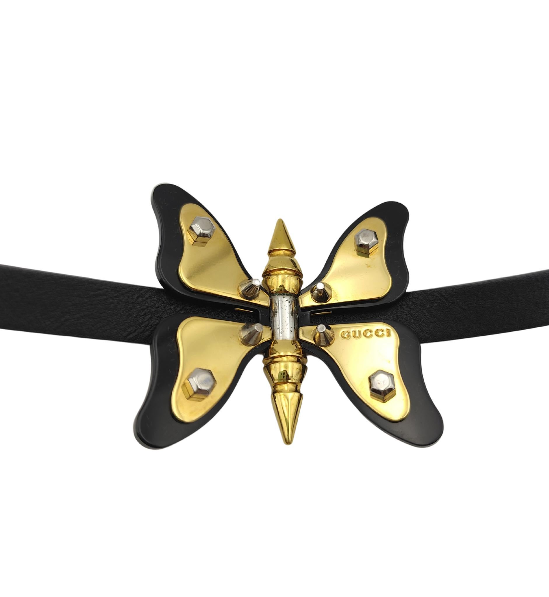 Black Gucci golden metal butterfly leather choker necklace