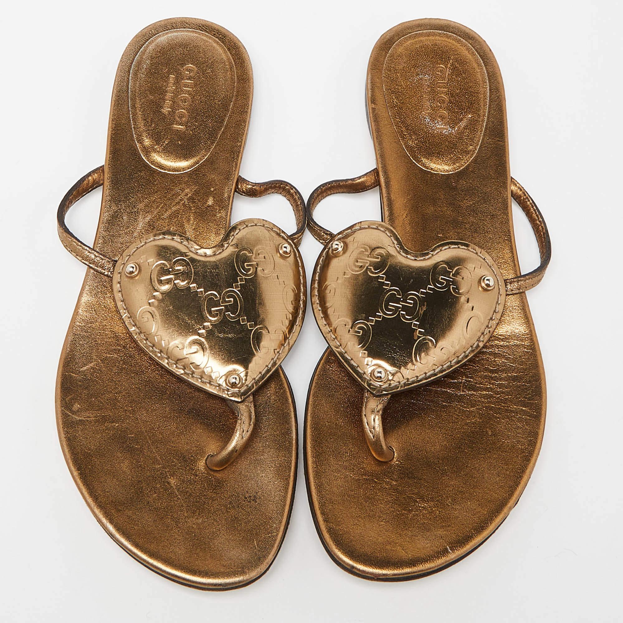 Brown Gucci Golden Metallic Gold Leather Heart Thong Flat Slides Size 36
