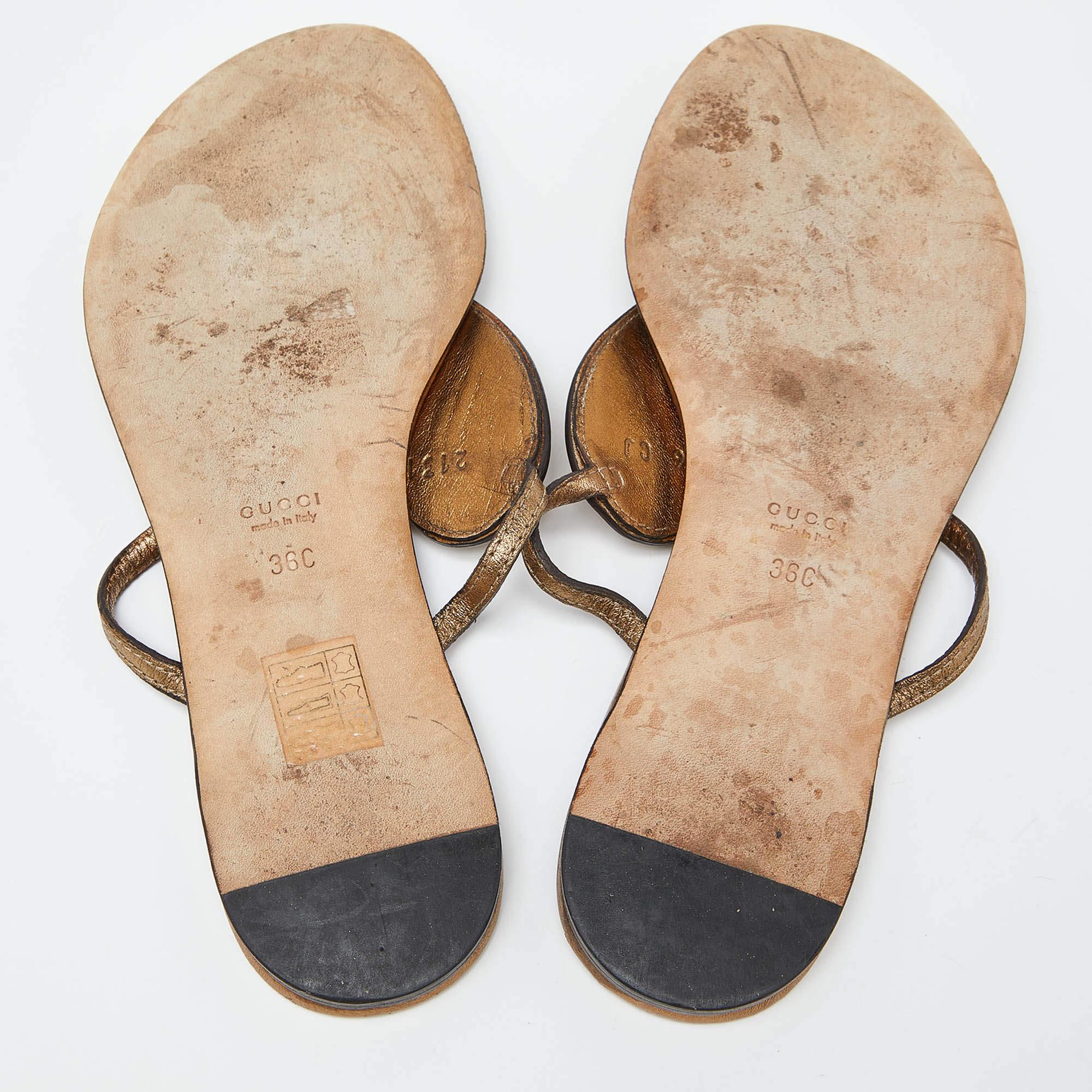 Gucci Golden Metallic Gold Leather Heart Thong Flat Slides Size 36 1