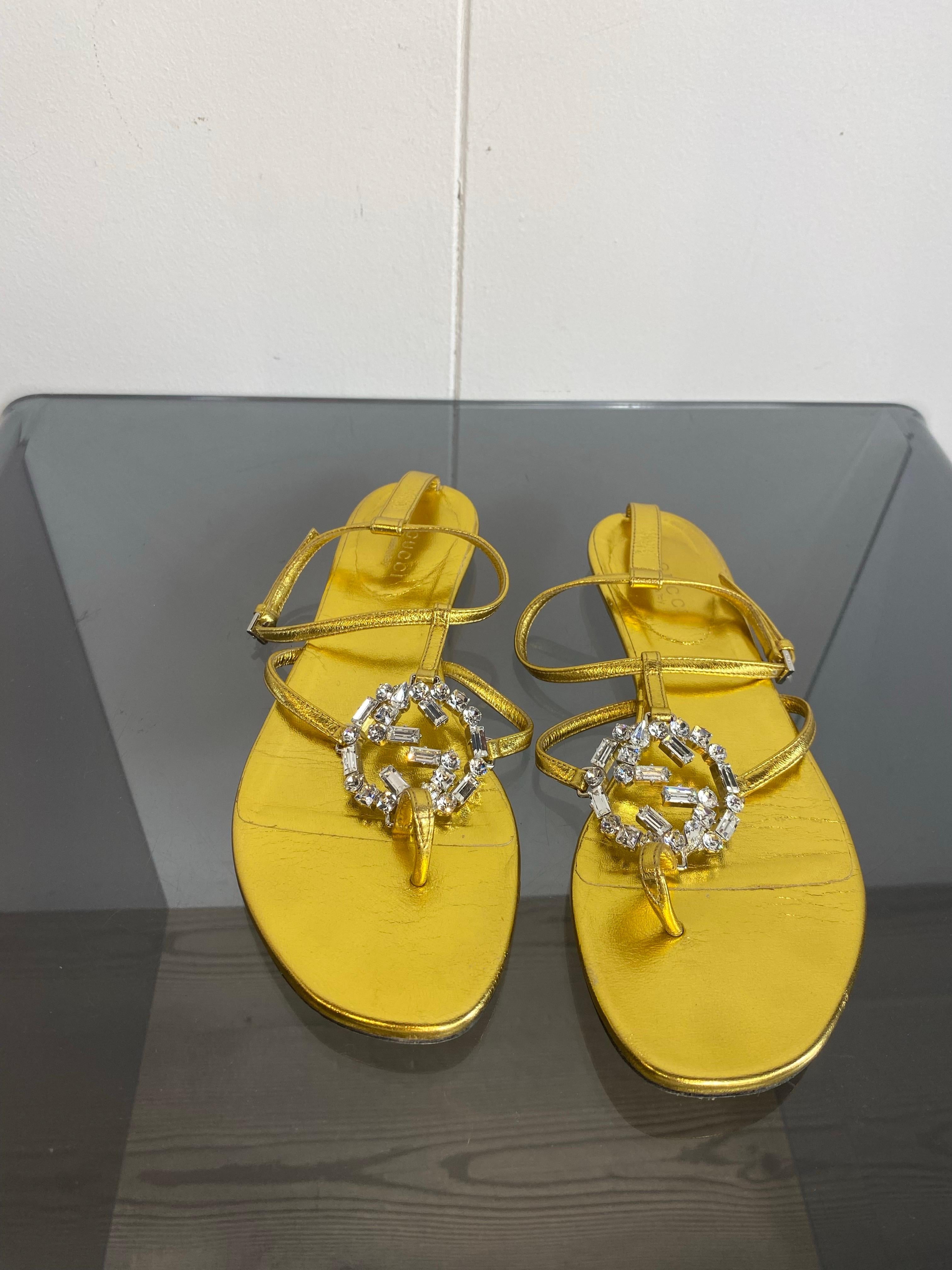 Brown Gucci golden sandals with strass. For Sale
