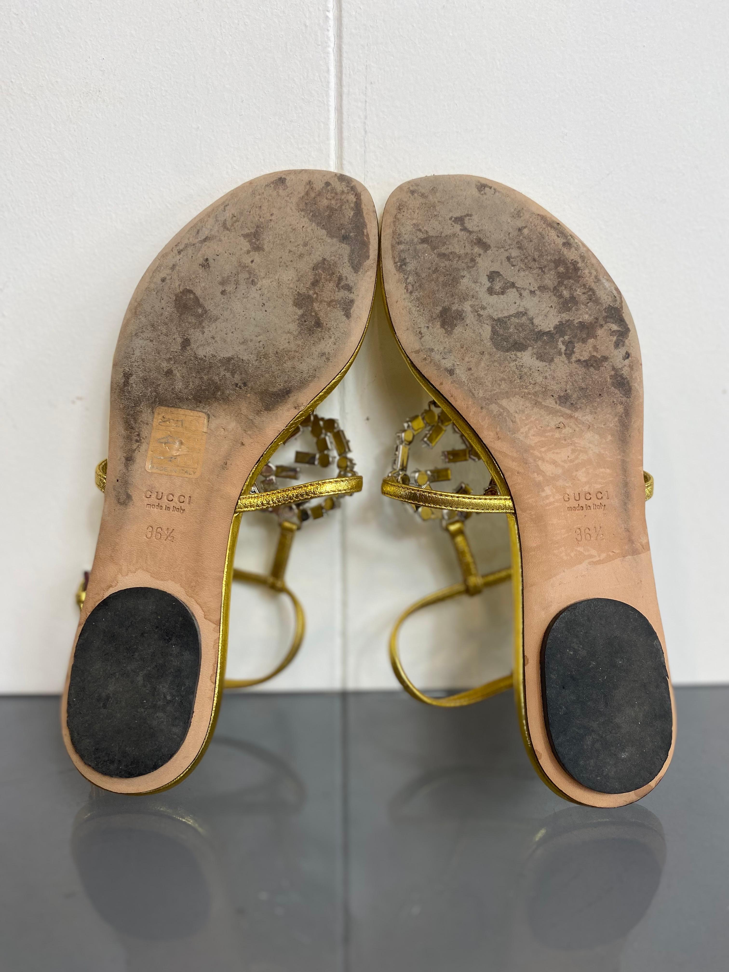 Gucci golden sandals with strass. For Sale 2