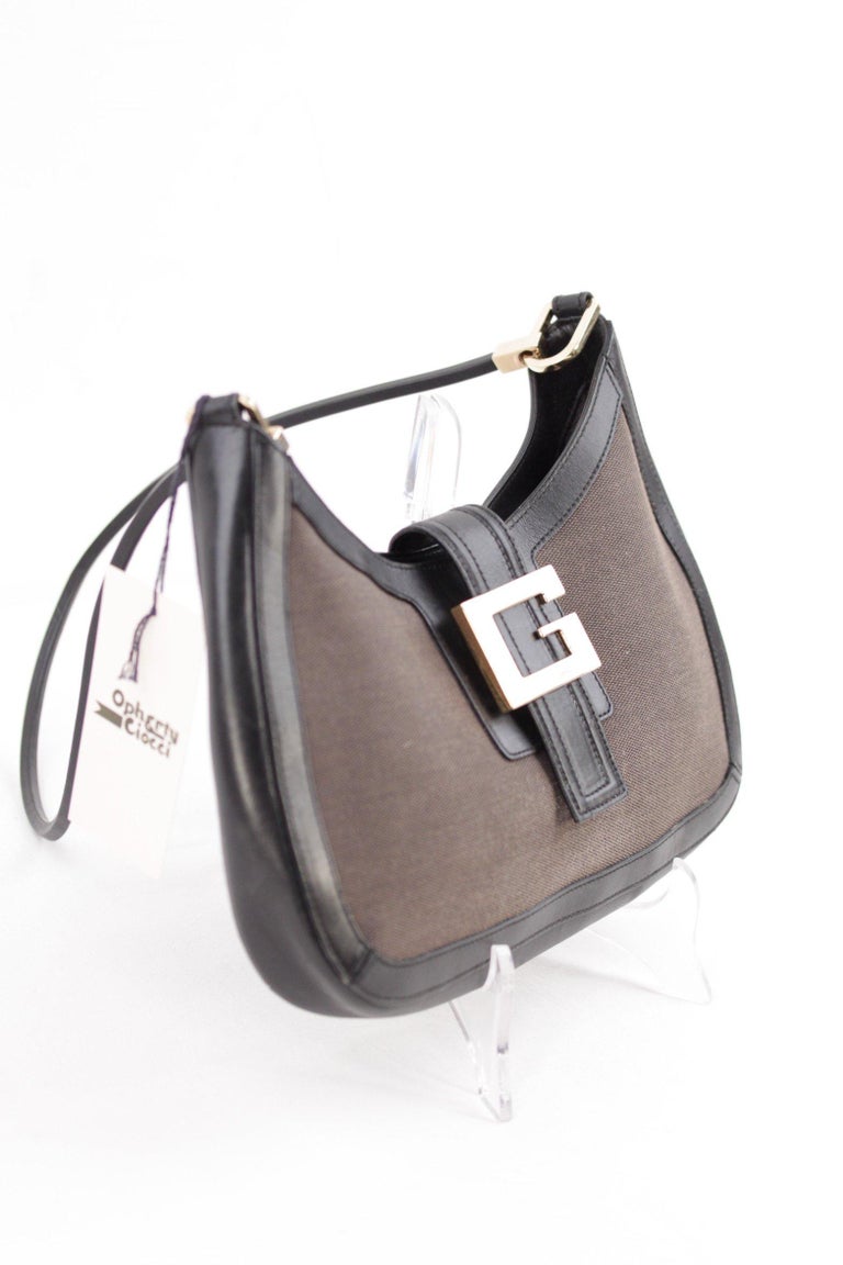 Gucci Gray Canvas and Black Leather Shoulder Bag Tote Hobo For Sale at 1stdibs