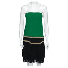 Gucci Green and Black Plisse Silk Detail Embellished Strapless Dress M