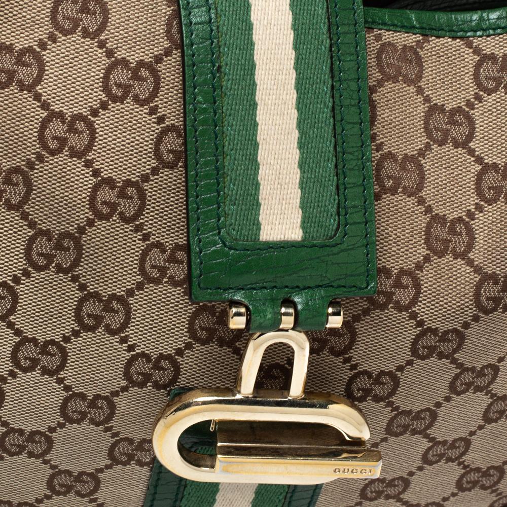 Gucci Green/Beige GG Canvas and Leather Junco Hobo In Fair Condition In Dubai, Al Qouz 2