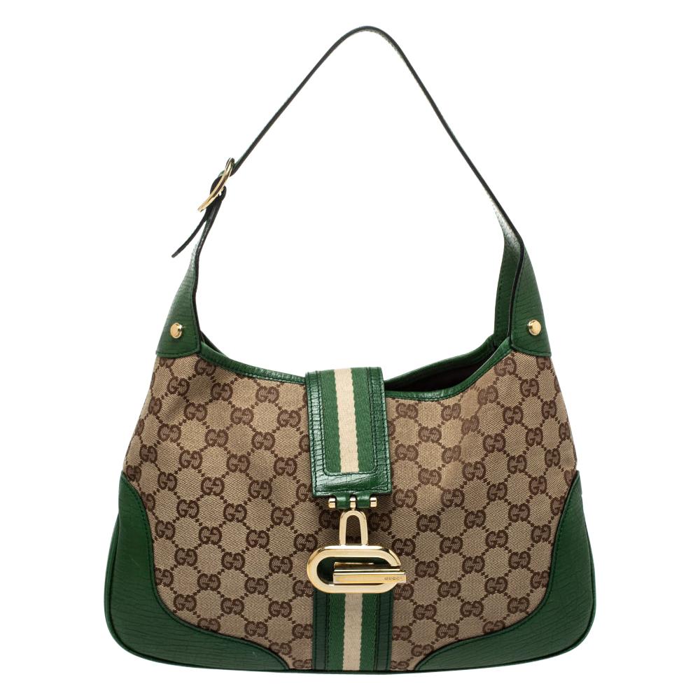 Gucci Green/Beige GG Canvas and Leather Junco Hobo