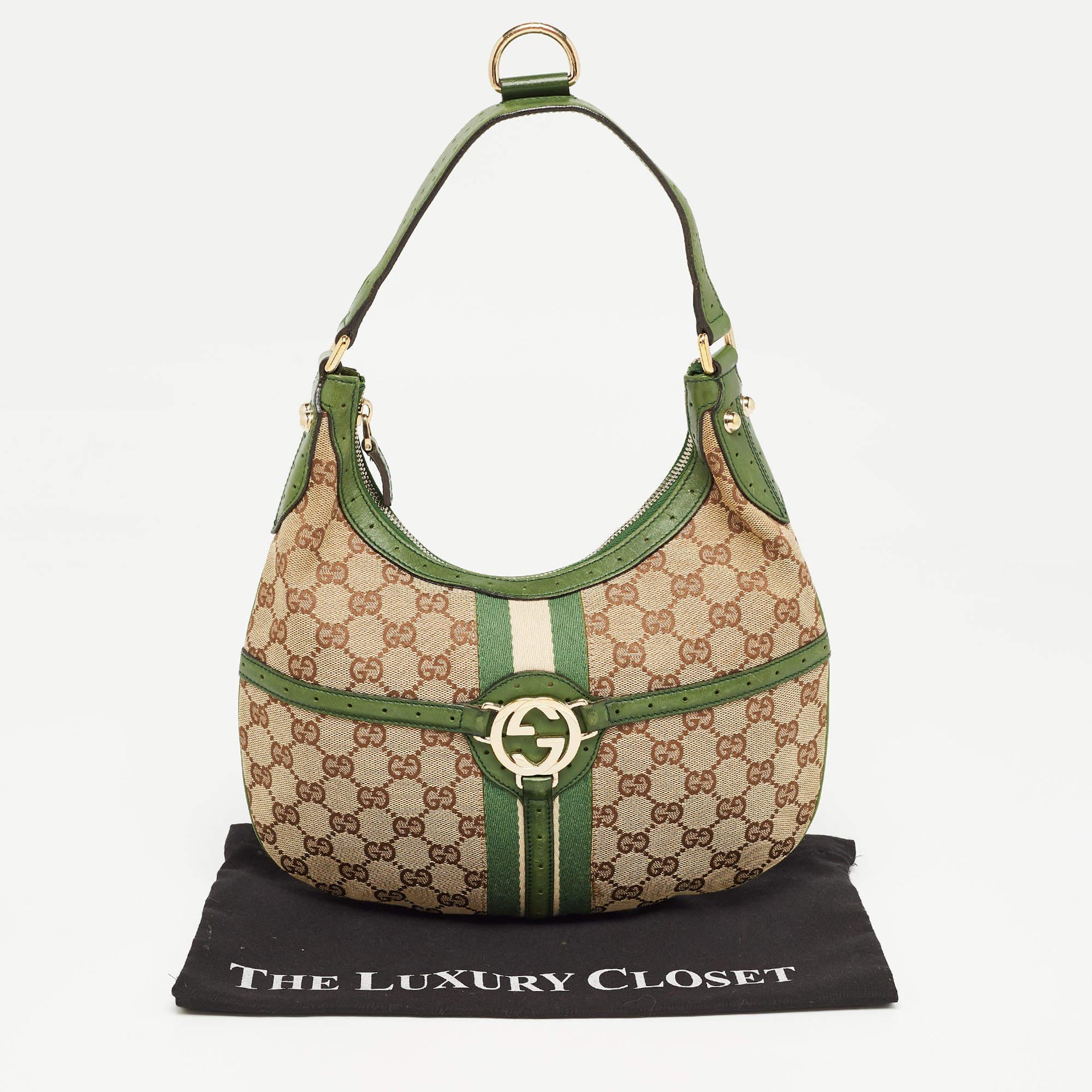Gucci Green/Beige GG Canvas and Leather Reins Hobo 10