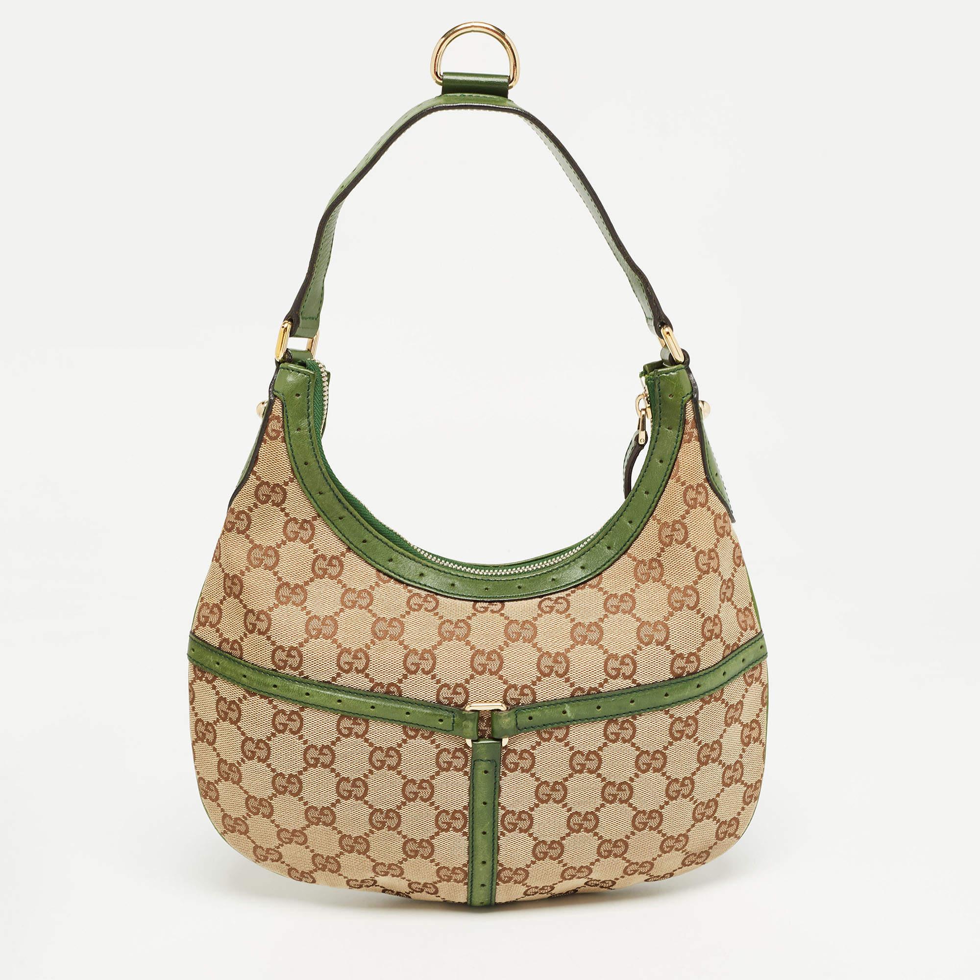 Gucci Green/Beige GG Canvas and Leather Reins Hobo 3
