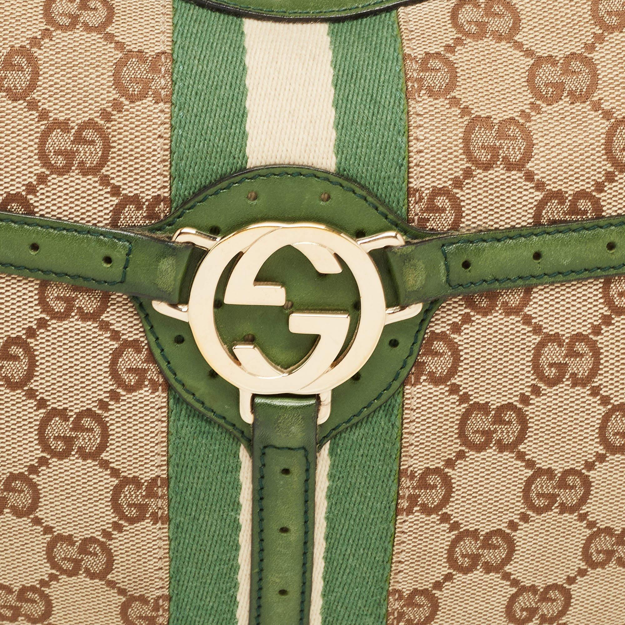 Gucci Green/Beige GG Canvas and Leather Reins Hobo 4