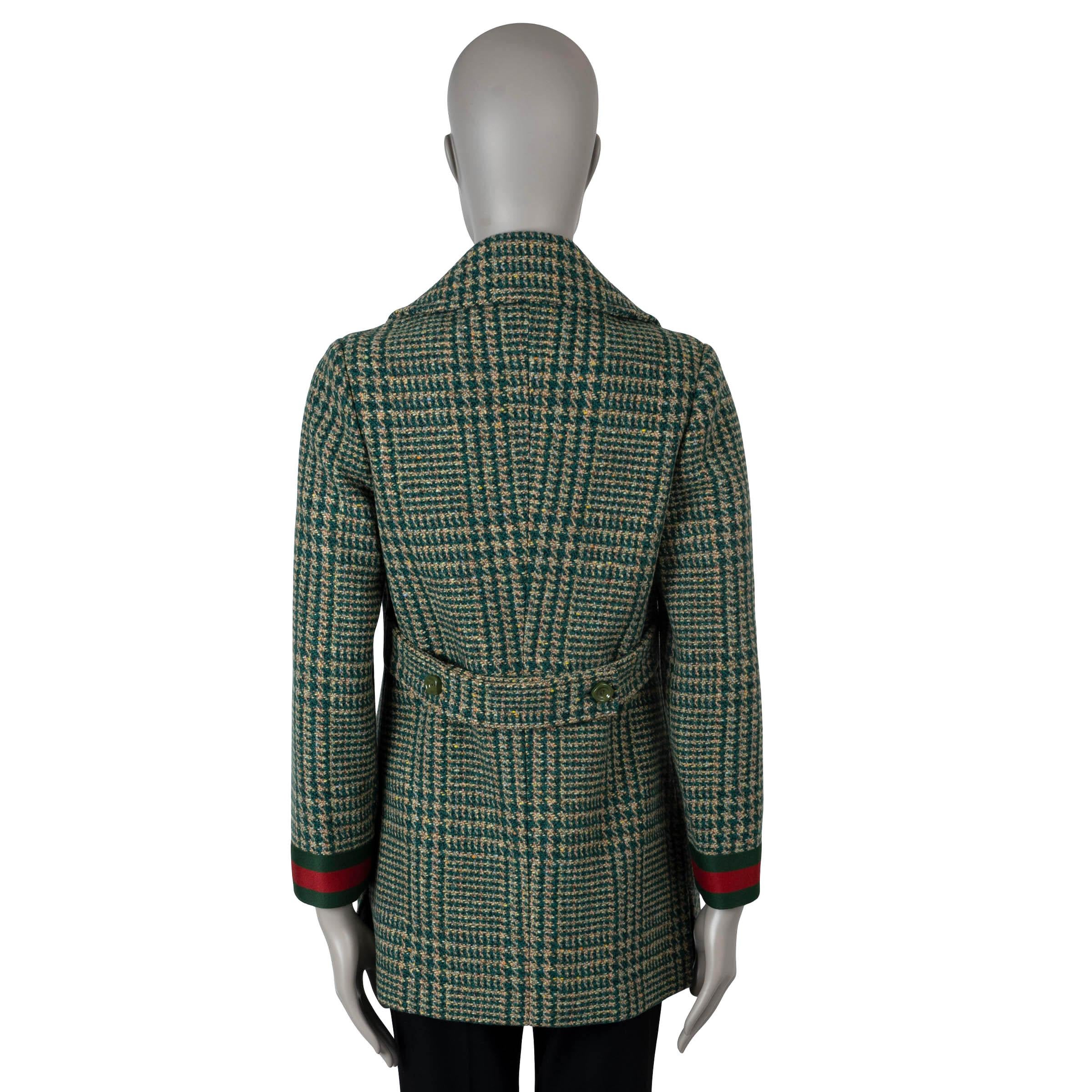 Black GUCCI green & beige wool 2020 WEB TRIM TWEED Peacoat Jacket 42 M