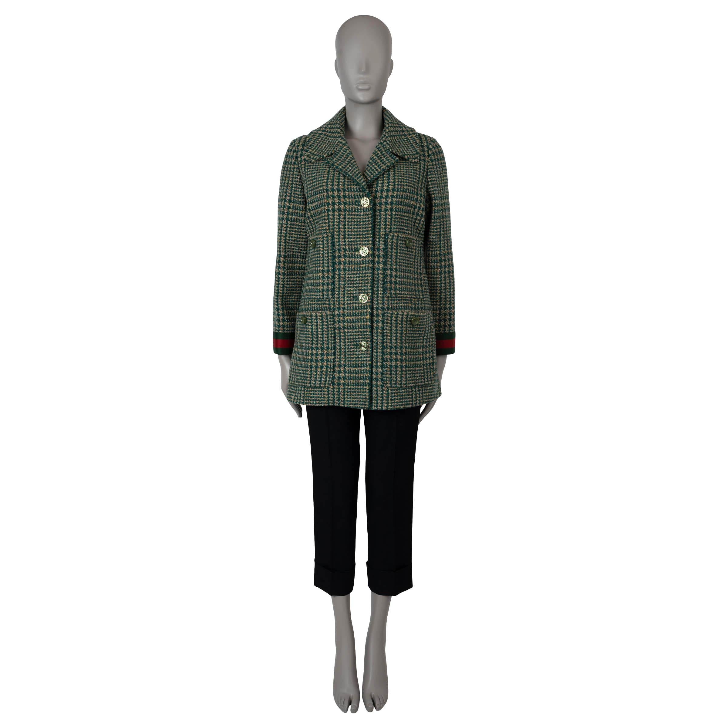 GUCCI green & beige wool 2020 WEB TRIM TWEED Peacoat Jacket 42 M In Excellent Condition In Zürich, CH