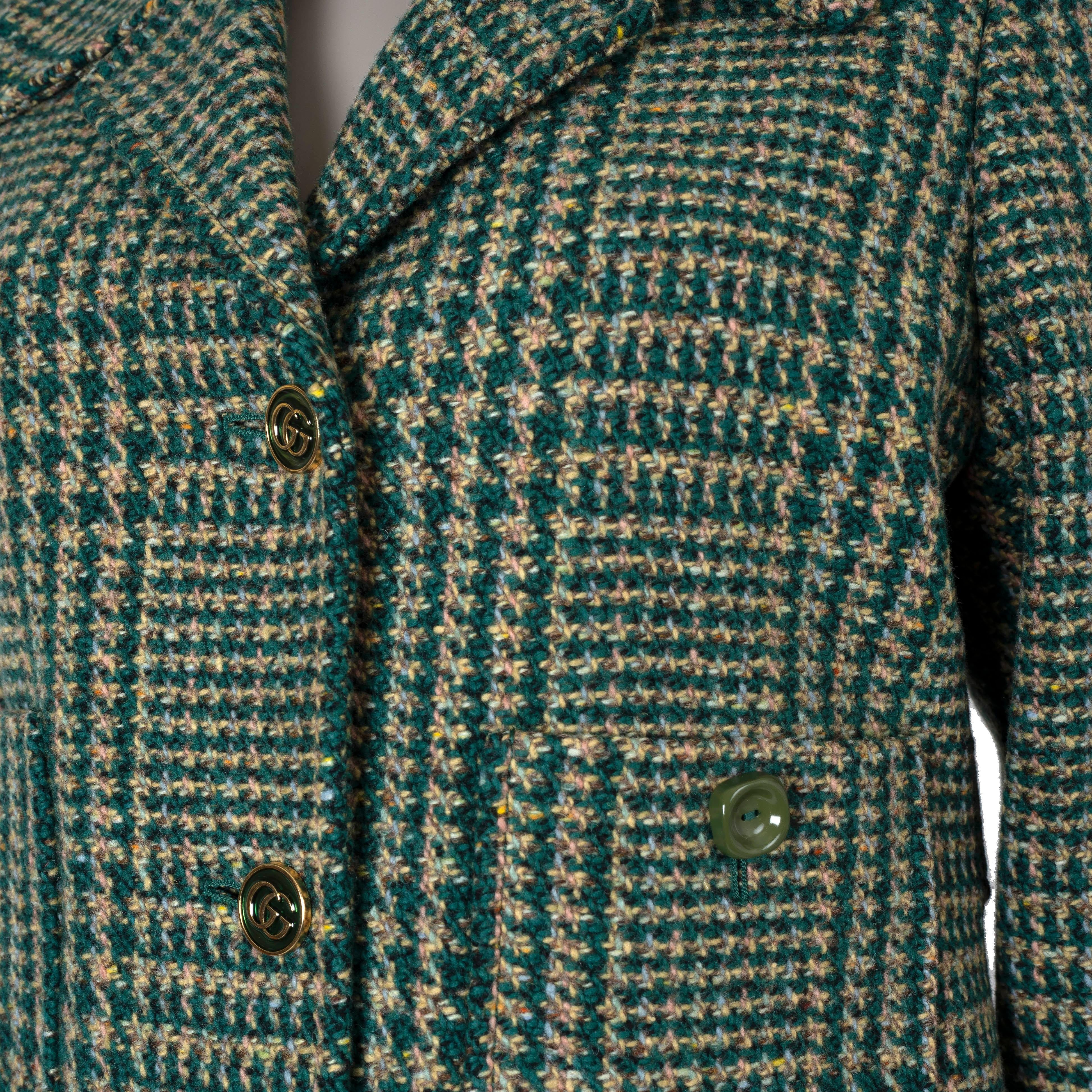 Women's GUCCI green & beige wool 2020 WEB TRIM TWEED Peacoat Jacket 42 M