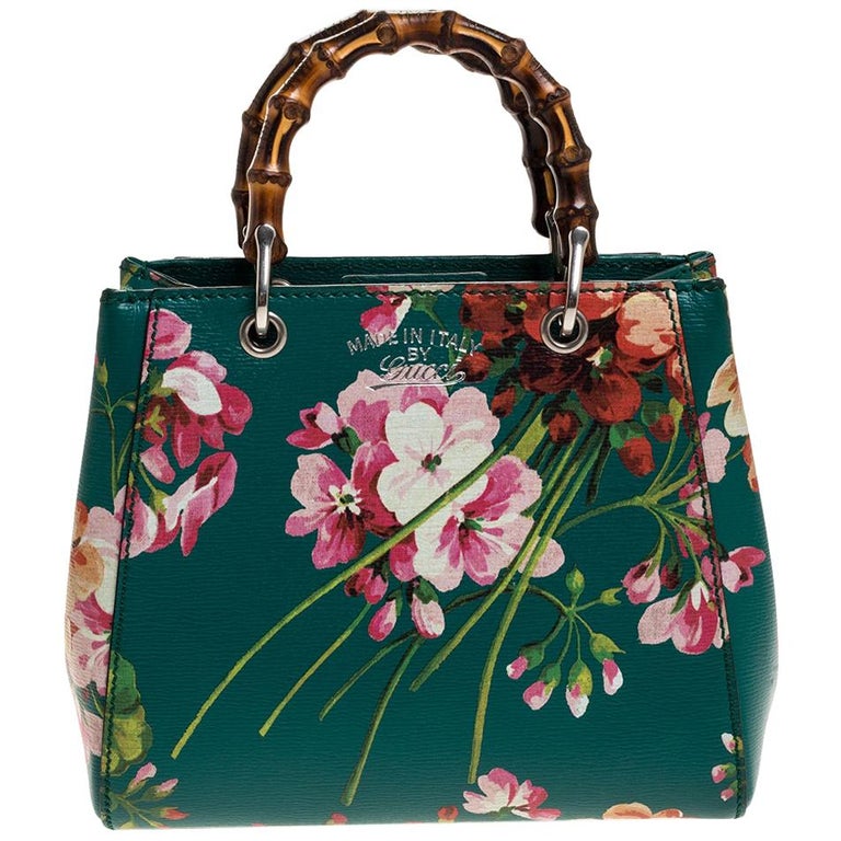 Gucci Green Blooms Leather Mini Bamboo Tote For Sale at 1stDibs