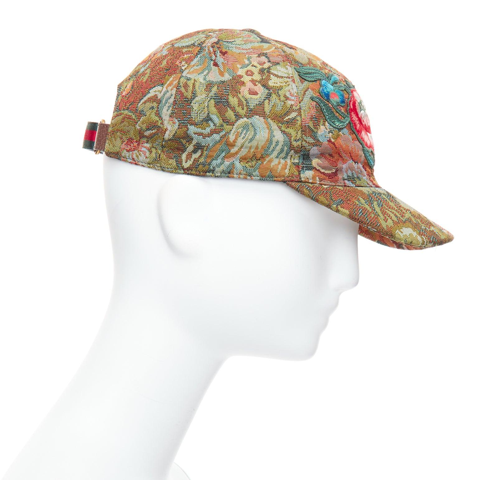 GUCCI green brown floral jacquard embroidered baseball cap 57cm S In Excellent Condition For Sale In Hong Kong, NT