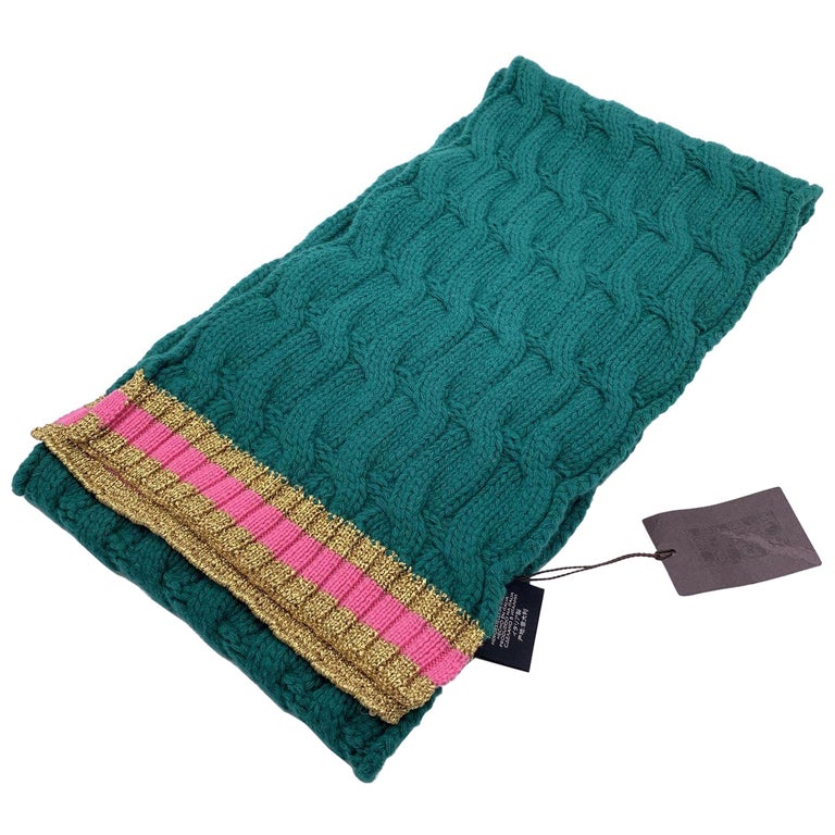 Gucci Green Cable Knit Unisex Wool Blend Scarf 25 x 180 cm For