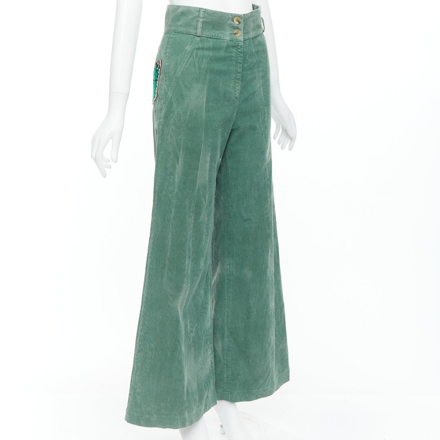 Gray GUCCI green corduroy butterfly embroidery wide flare trousers IT40 S