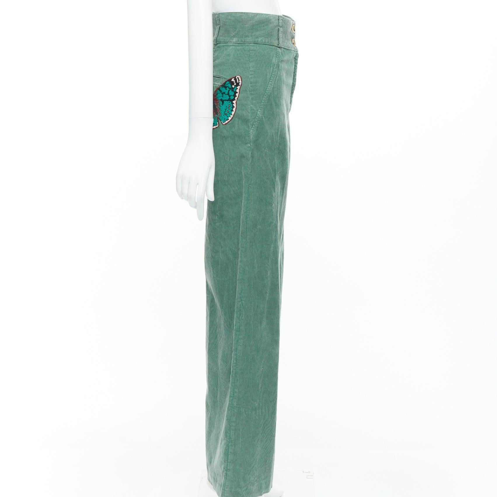 GUCCI green corduroy butterfly embroidery wide flare trousers IT40 S In Excellent Condition In Hong Kong, NT