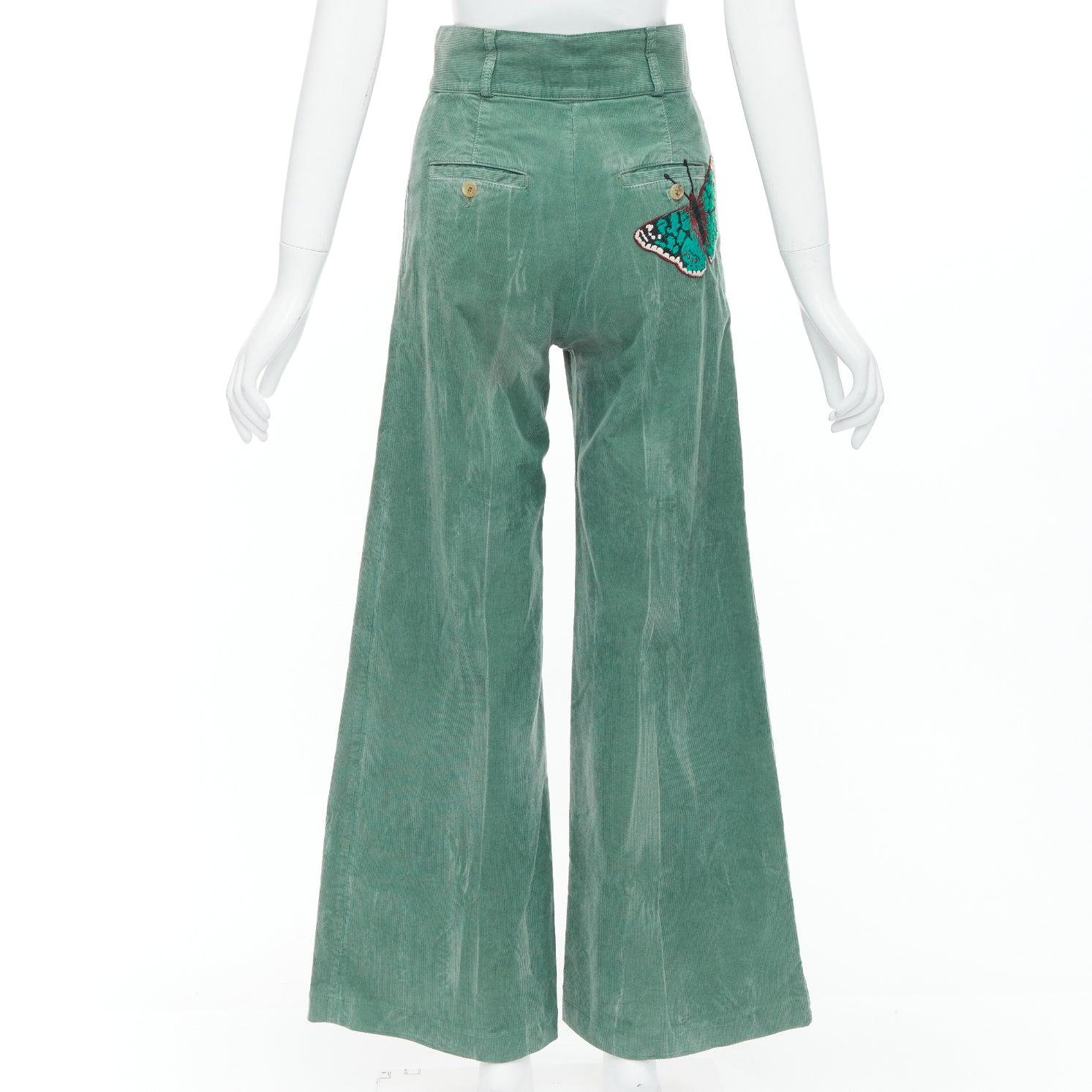 Women's GUCCI green corduroy butterfly embroidery wide flare trousers IT40 S
