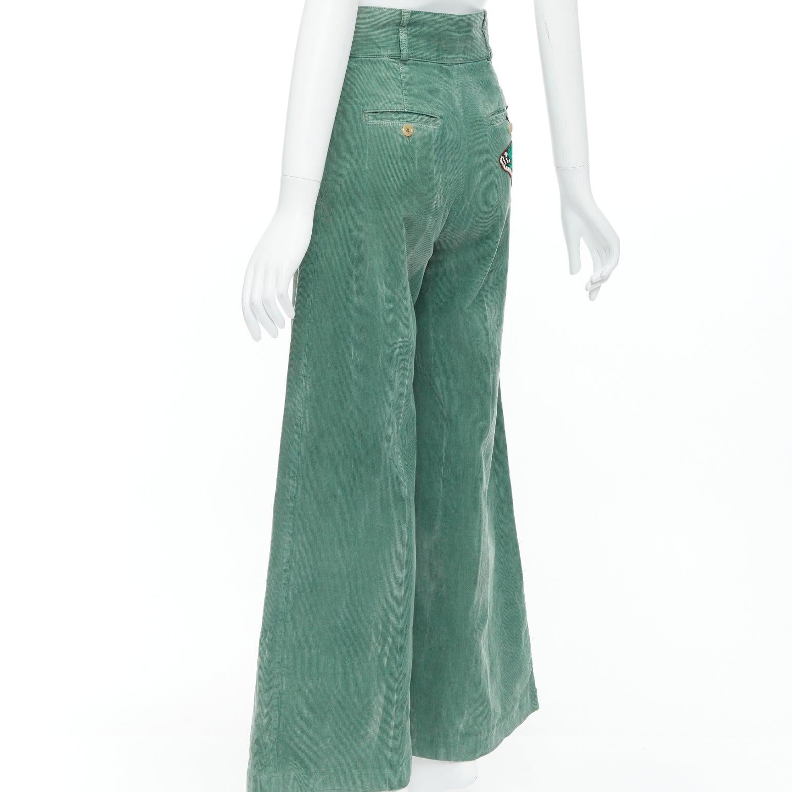 GUCCI green corduroy butterfly embroidery wide flare trousers IT40 S 1