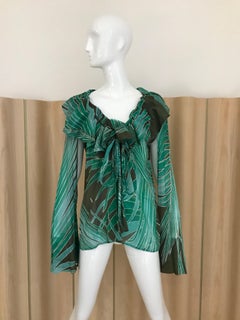 Gucci Green Cotton Leaf Print Long Sleeve Blouse