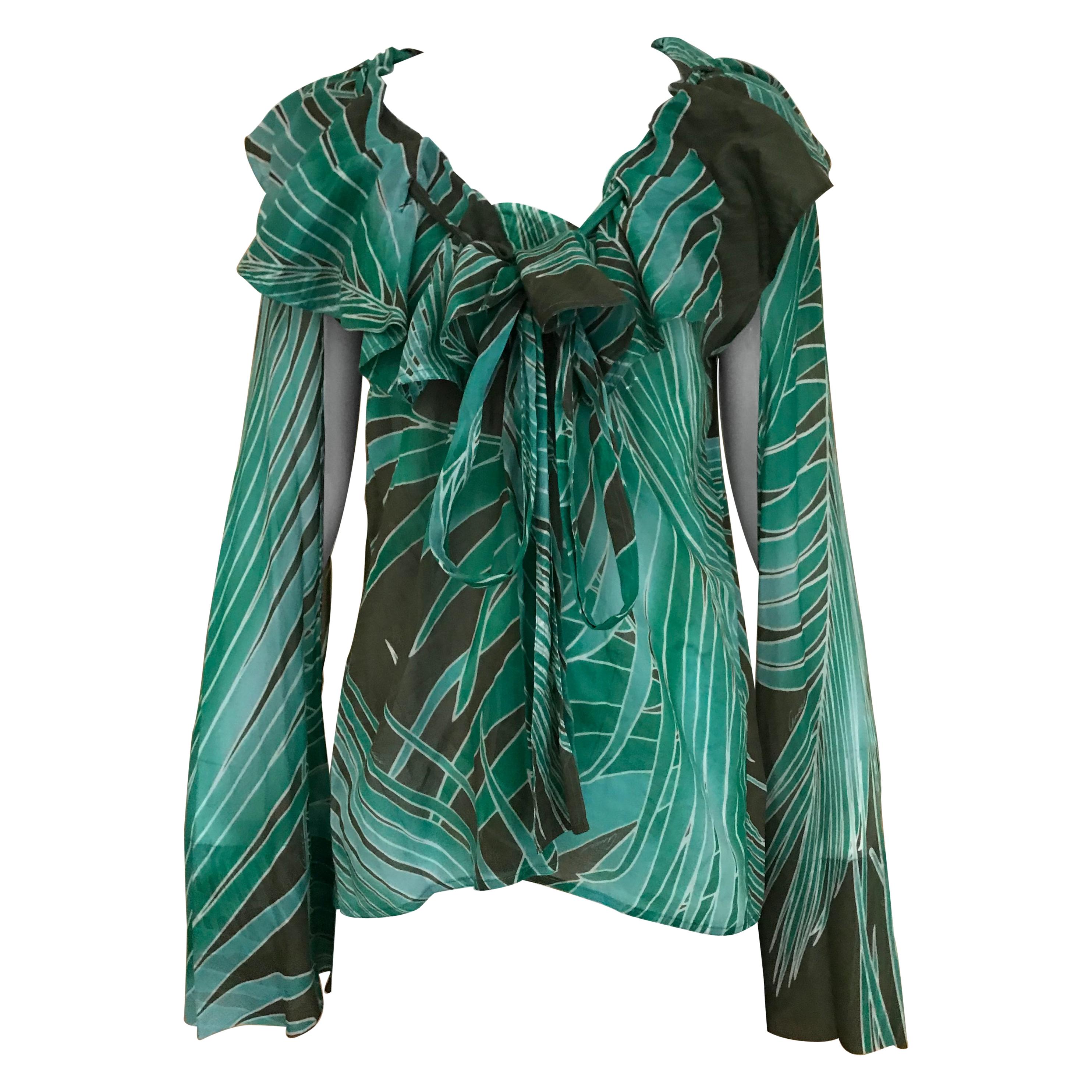 Gucci Green Cotton Leaf Print Long Sleeve Blouse