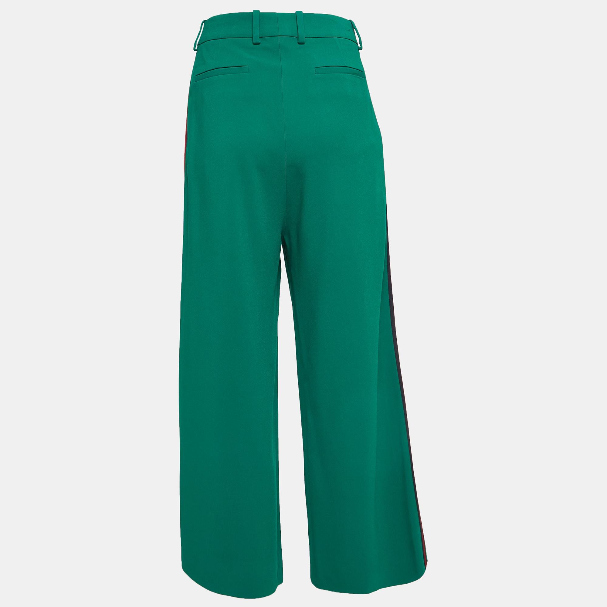 Gucci Green Crepe Web Detail Wide-Leg Pants M In Excellent Condition In Dubai, Al Qouz 2