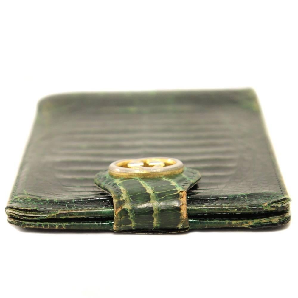 Gucci Green Crocodile Leather Vintage Check Holder, 1970s In Fair Condition In Lugo (RA), IT