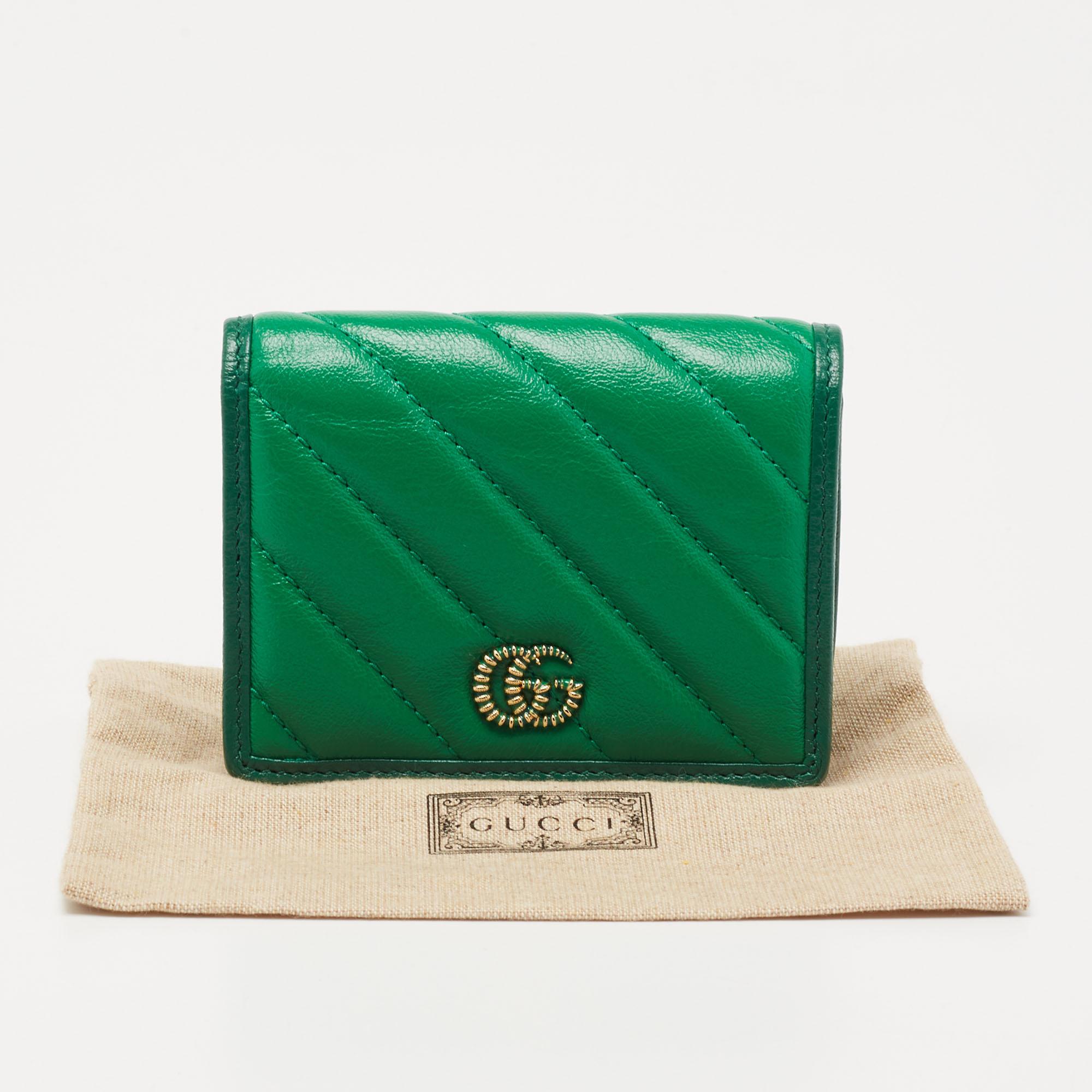 Gucci Green Diagonal Quilt Leather Torchon GG Marmont Card Case 8
