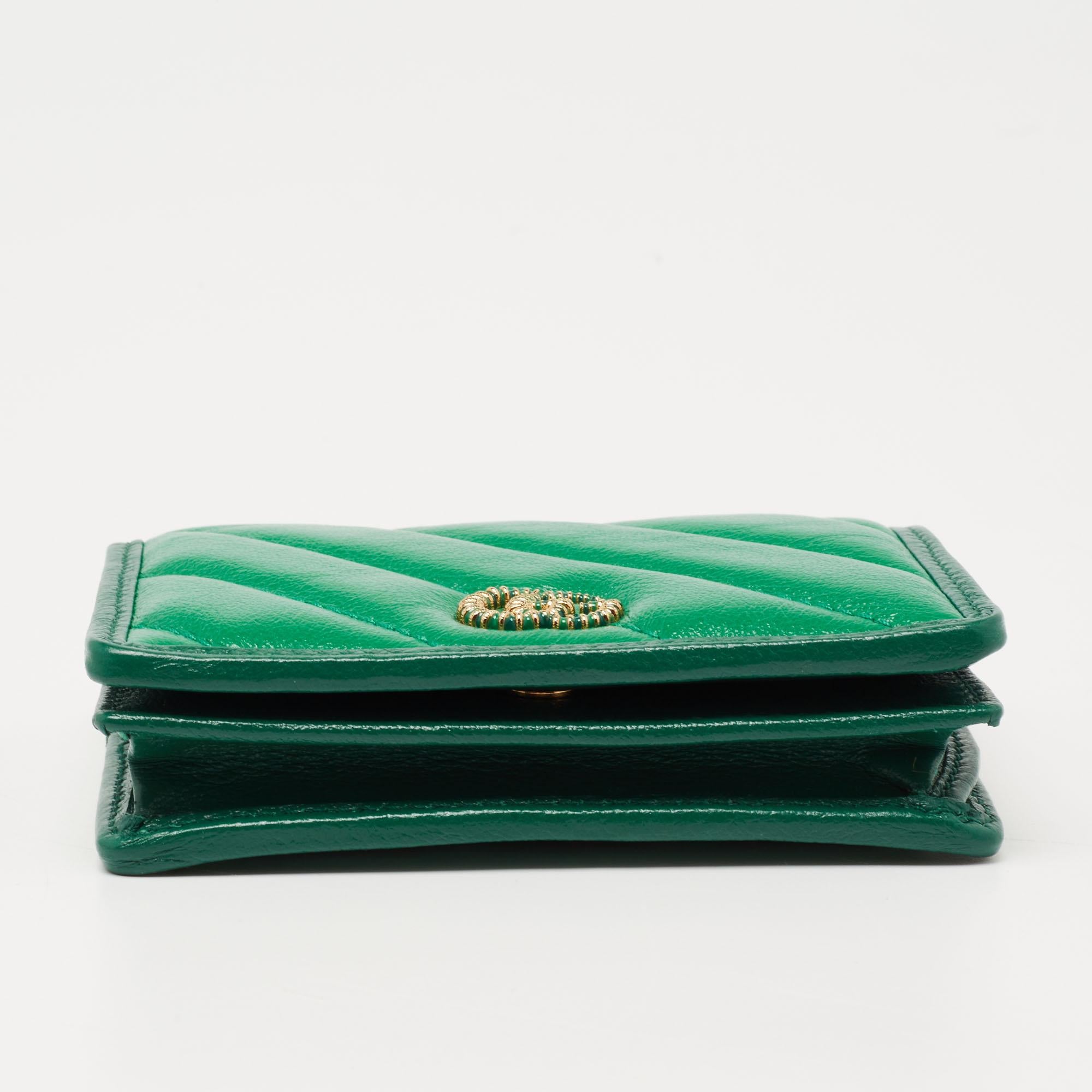 Women's Gucci Green Diagonal Quilt Leather Torchon GG Marmont Card Case