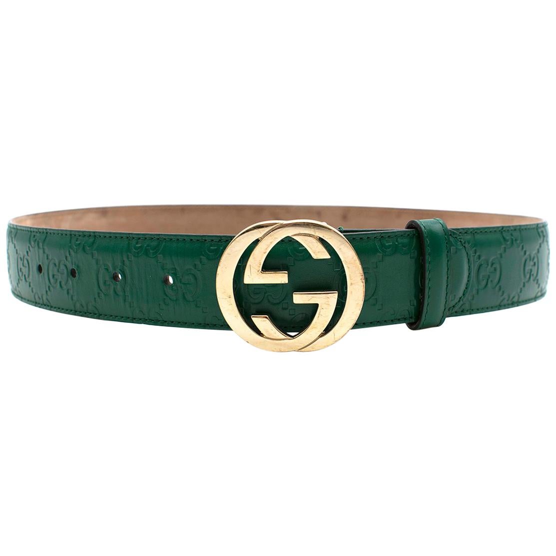 Gucci Green Embossed GG Leather Belt For Sale