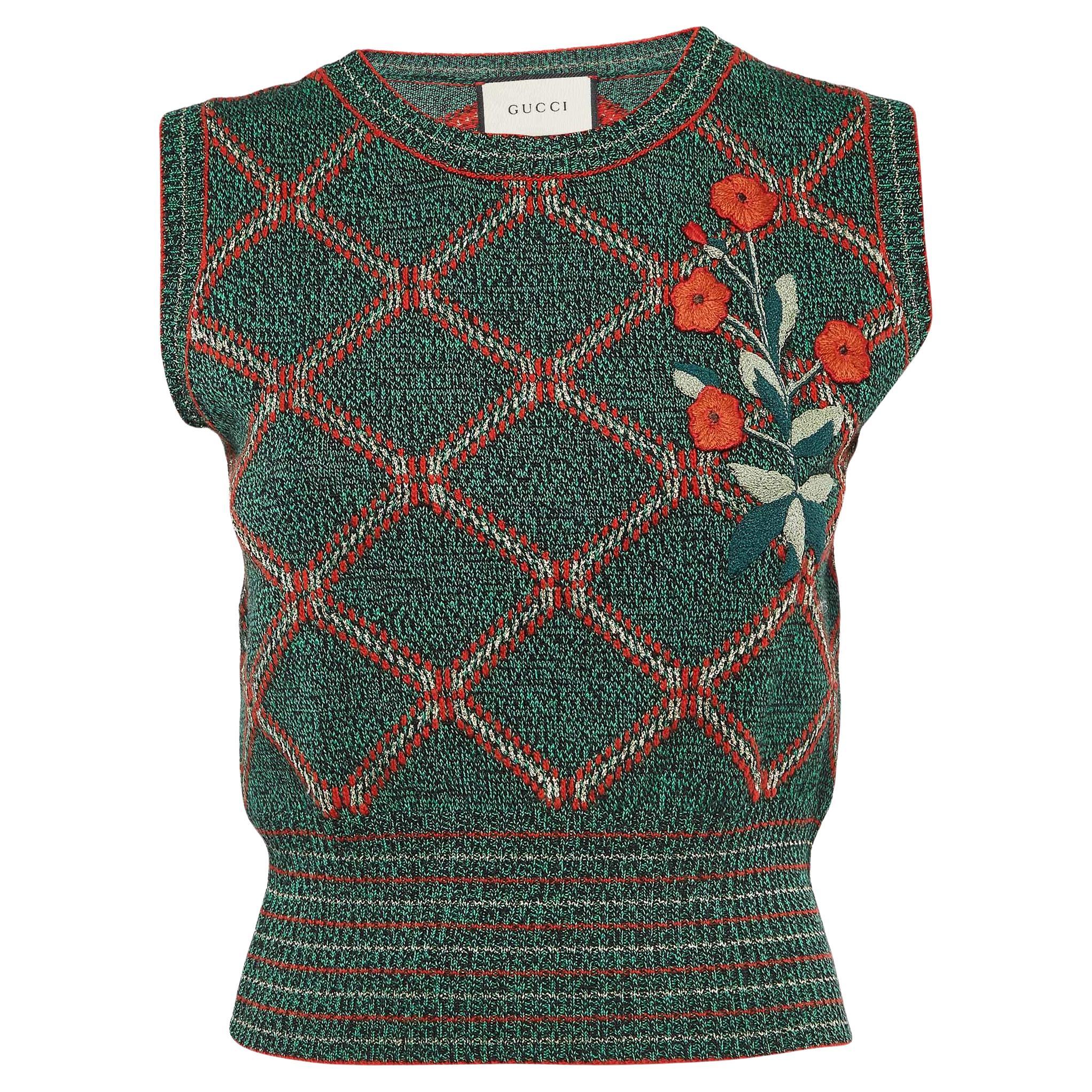 Gucci Green Embroidered Wool Blend Pullover Vest XS For Sale