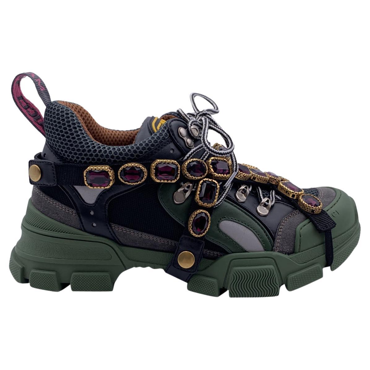 Gucci Green Flashtreck Hiking Sneakers Shoes Jeweled Straps Size 39.5