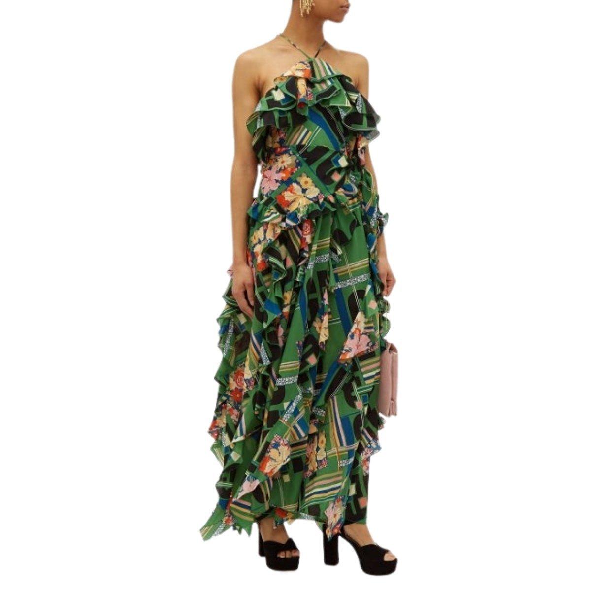 Ornamental green silk-crepe gown, capturing the Gucci's talent for richly textured and patterned eveningwear. 
Depicting contrasting florals, graphic checks and the house's signature logo lettering, it's crafted in Italy to a retro halterneck