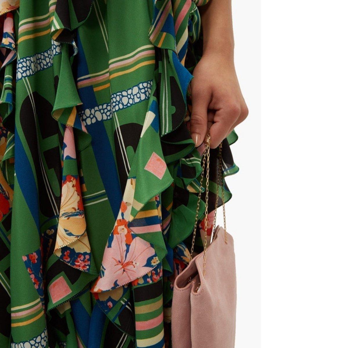 Gucci Grünes Kleid aus geraffter Seidenkrepp mit floralem Karodruck IT38 (Schwarz) im Angebot