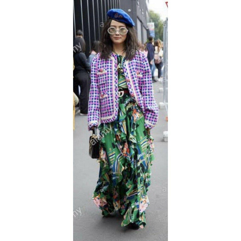 green emerald velvet dress Gucci Green Floral Check-Print Ruffled Silk Gown – Runway Catalog