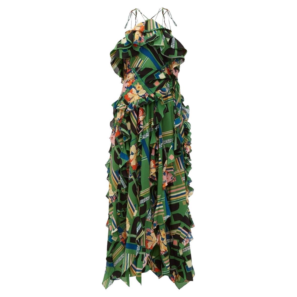 Gucci Green Floral Check-Print Ruffled Silk-Crepe Gown IT38 For Sale