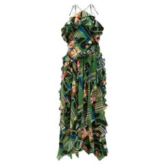 Gucci Green Floral Check-Print Ruffled Silk-Crepe Gown IT38