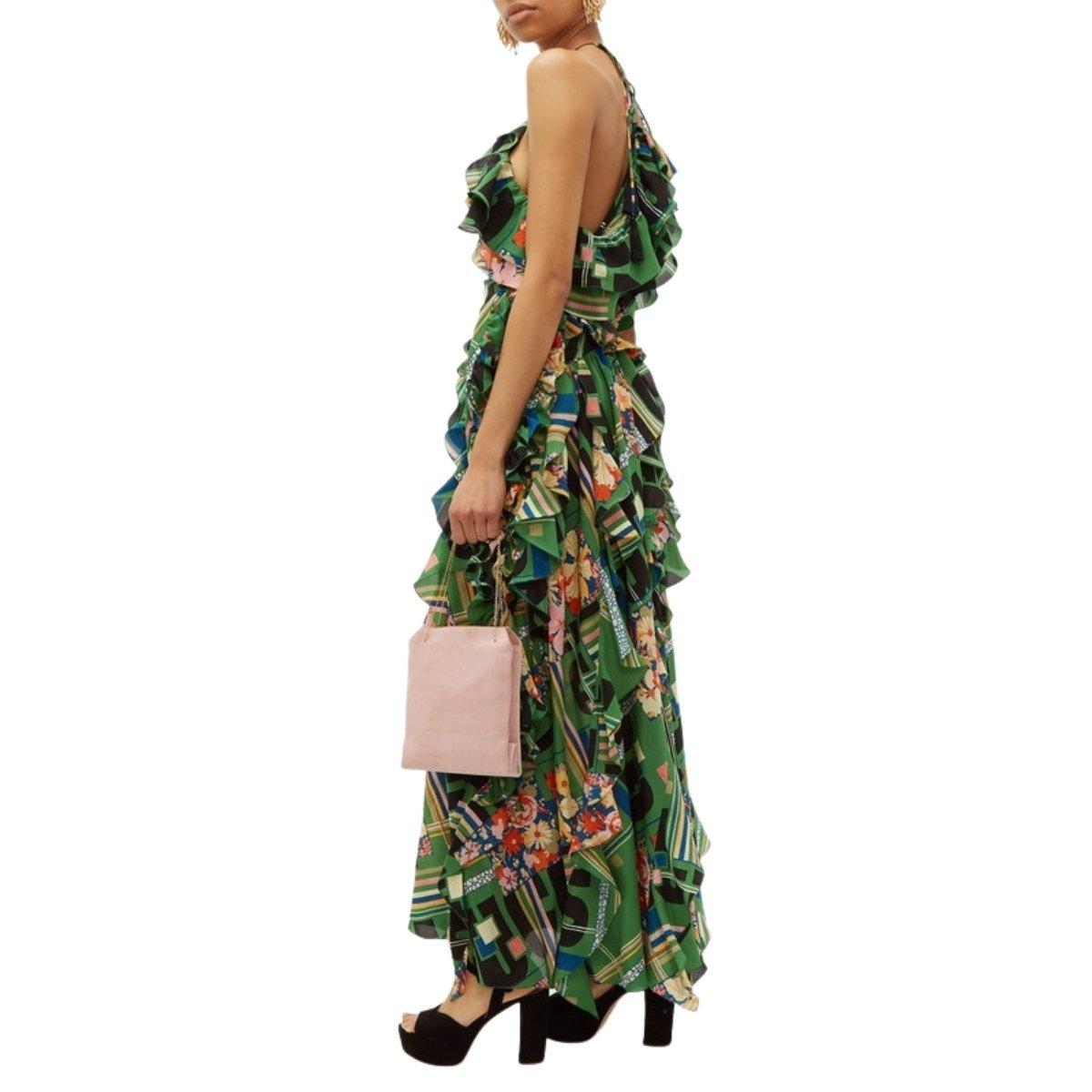 Black Gucci Green Floral Check-Print Ruffled Silk-Crepe Gown IT38 For Sale
