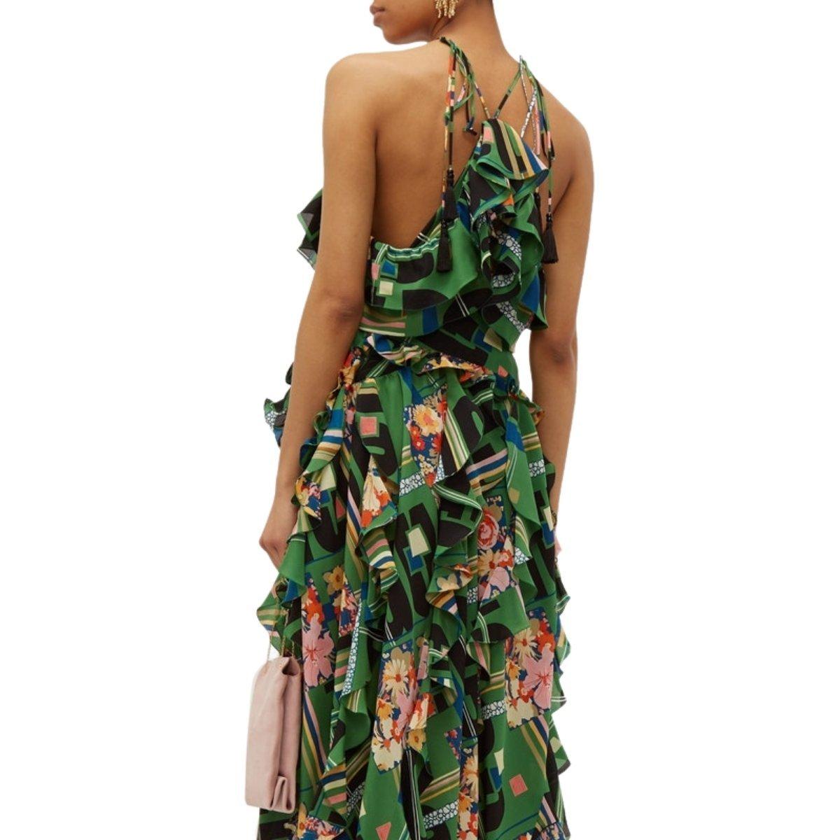 Gucci Green Floral Check-Print Ruffled Silk-Crepe Gown IT38 In New Condition For Sale In Brossard, QC