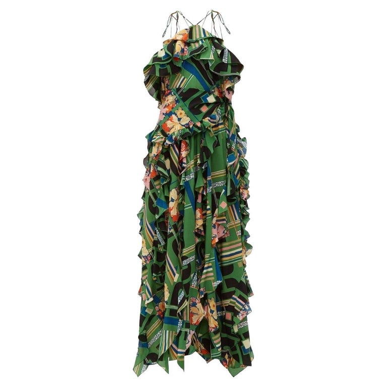 Gucci Green Floral Check-Print Ruffled Silk-Crepe Gown IT38