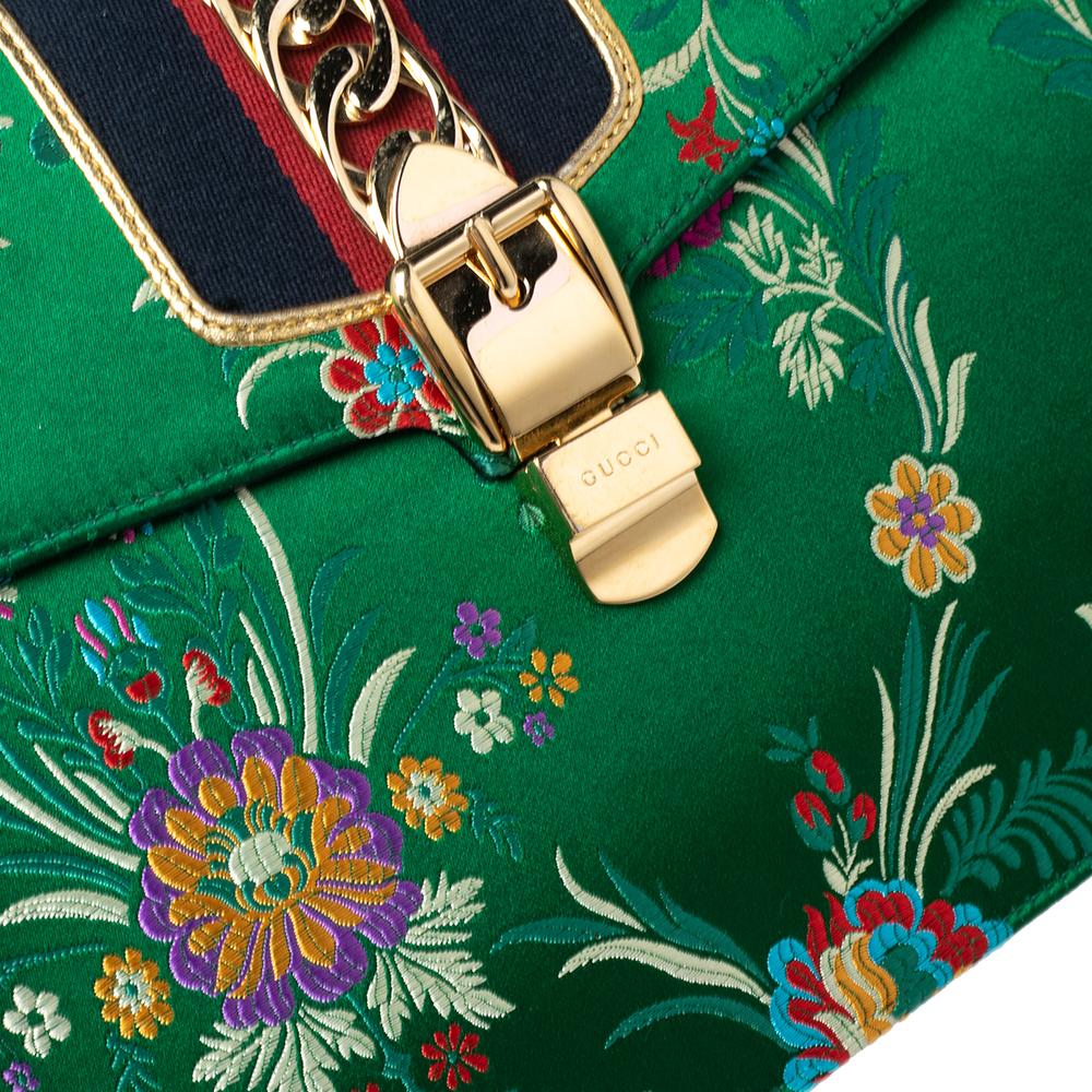 Gucci Green Floral Embroidered Jacquard Medium Sylvie Top Handle Bag 3