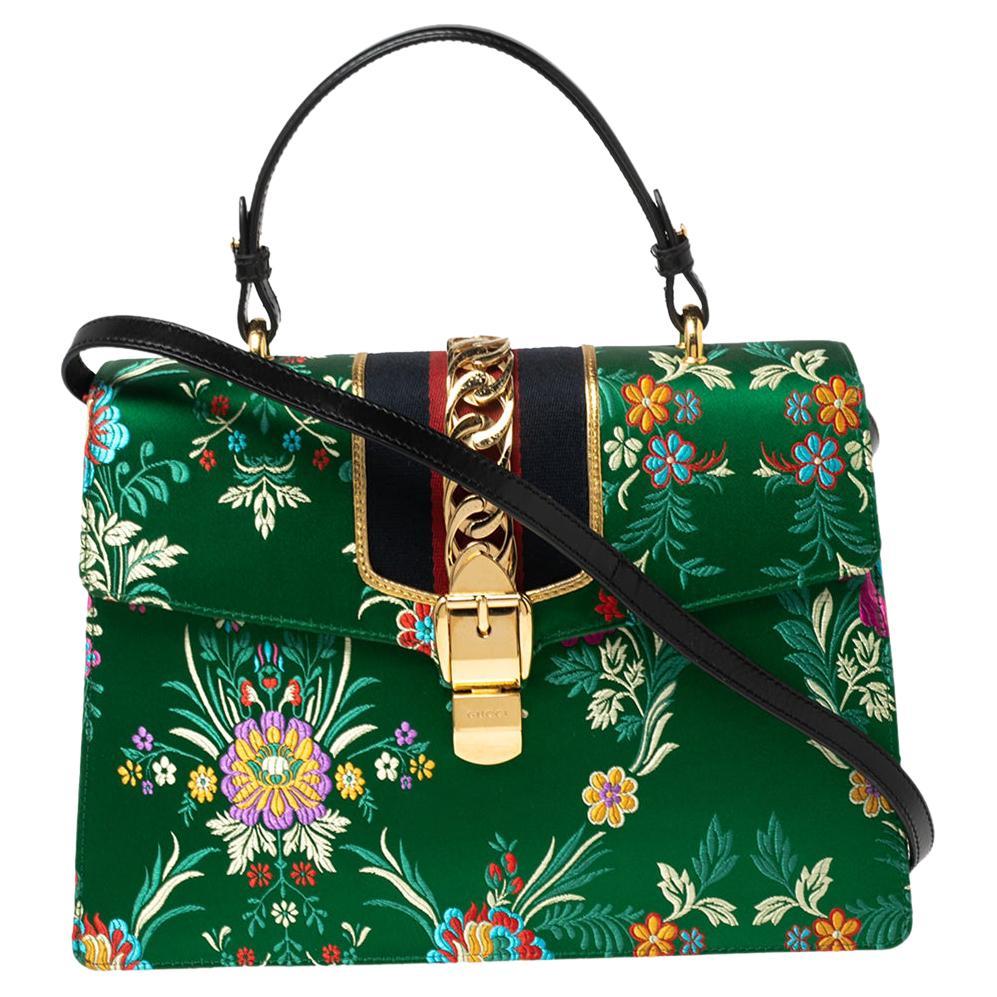 Gucci Green Floral Embroidered Jacquard Medium Sylvie Top Handle Bag
