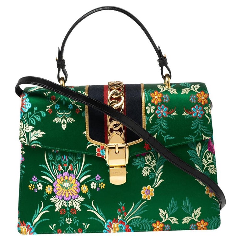 Gucci Green Floral Embroidered Jacquard Medium Sylvie Top Handle Bag at ...
