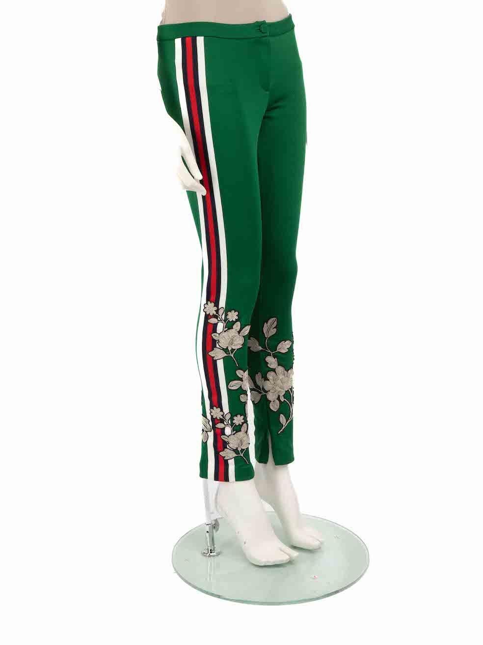 Condition is Very Good. Minimal wear to the joggers is evident. Minimal pulls to the weave on the right cuff on this used Gucci designer resale item.
 
 
 
 Details
 
 
 Green
 
 Polyester
 
 Trousers
 
 Skinny fit
 
 Floral embroidered pattern
 
