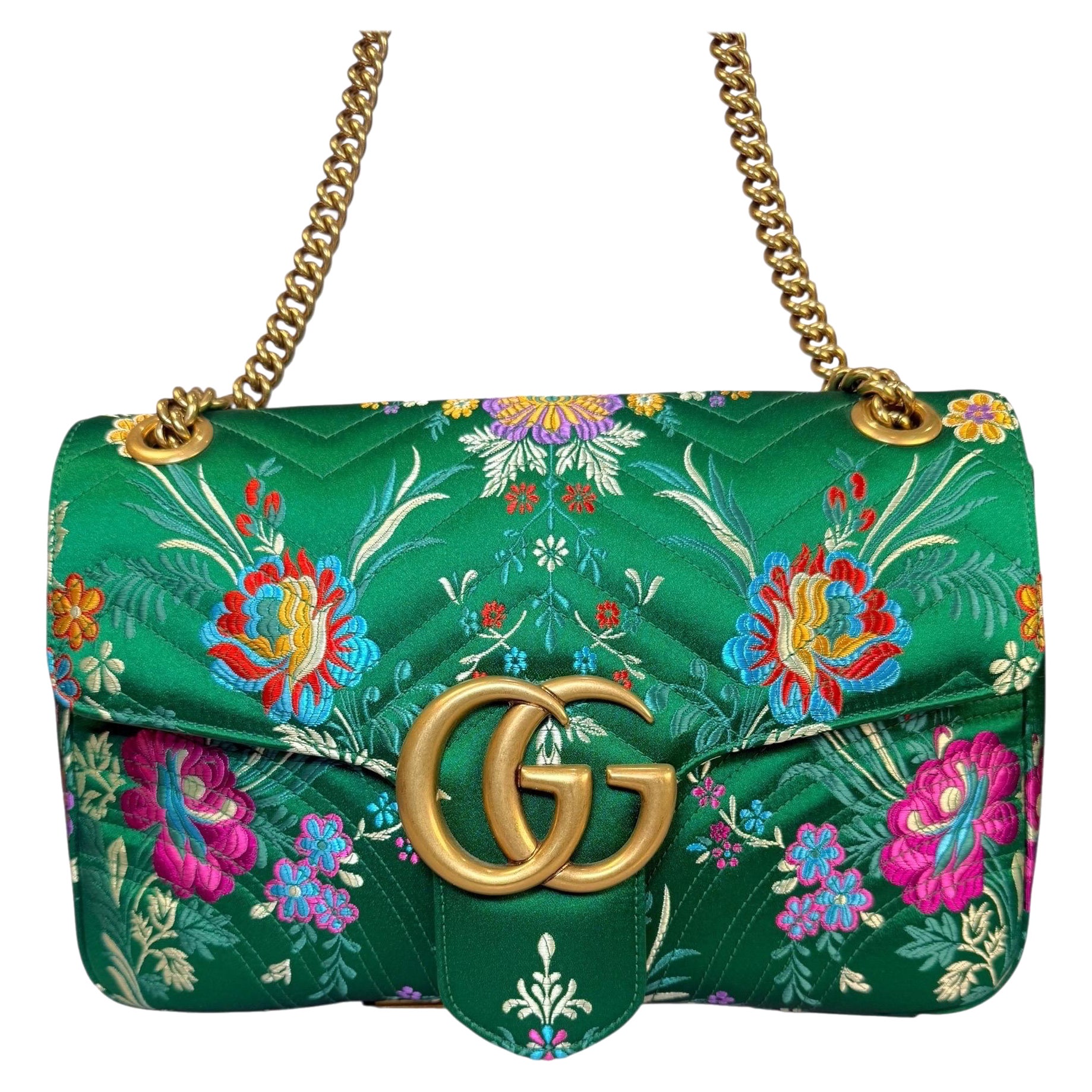Gucci Green Floral Jacquard Matelassé GG Marmont Medium Shoulder Bag in vendita