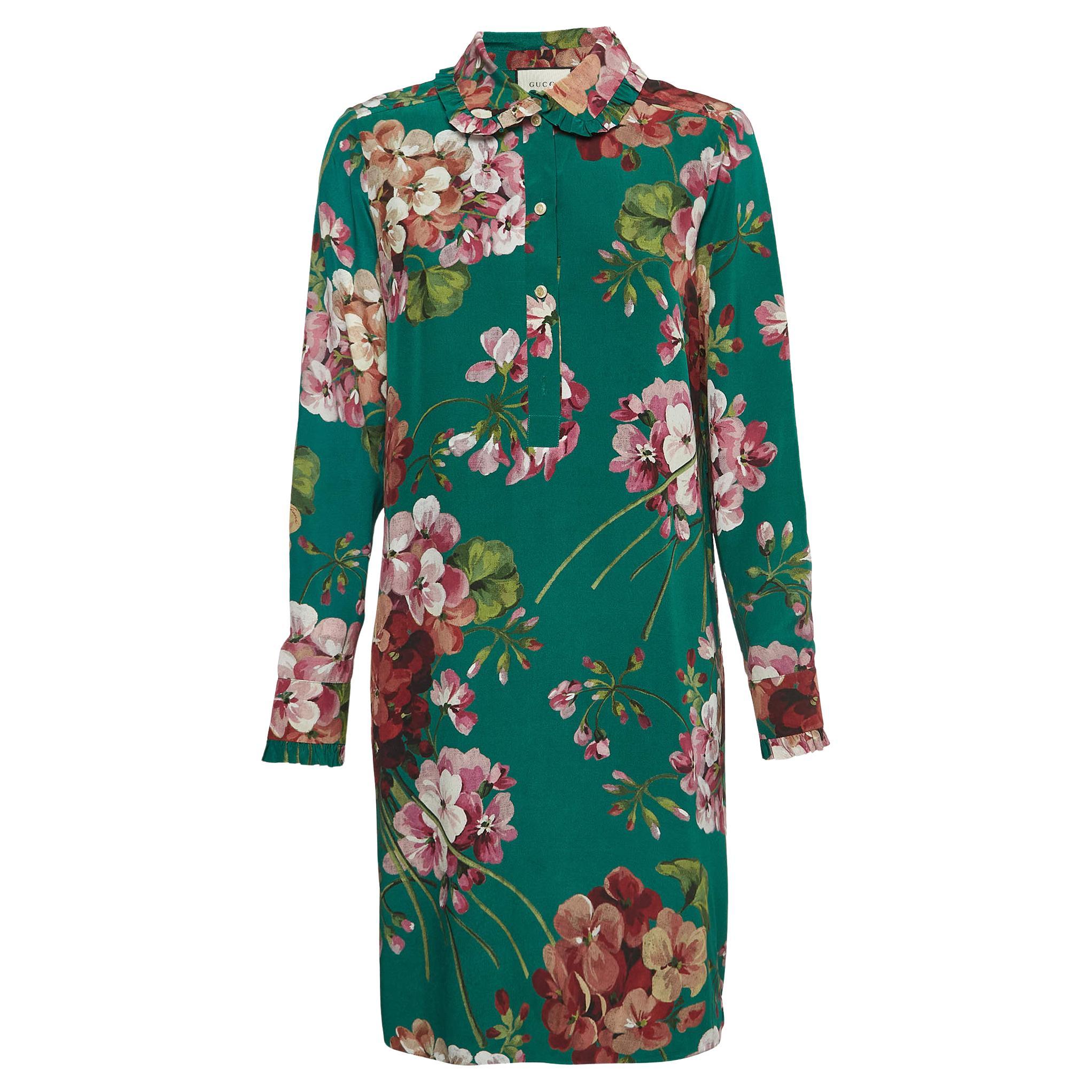 Gucci Green Floral Print Silk Shirt Dress M For Sale