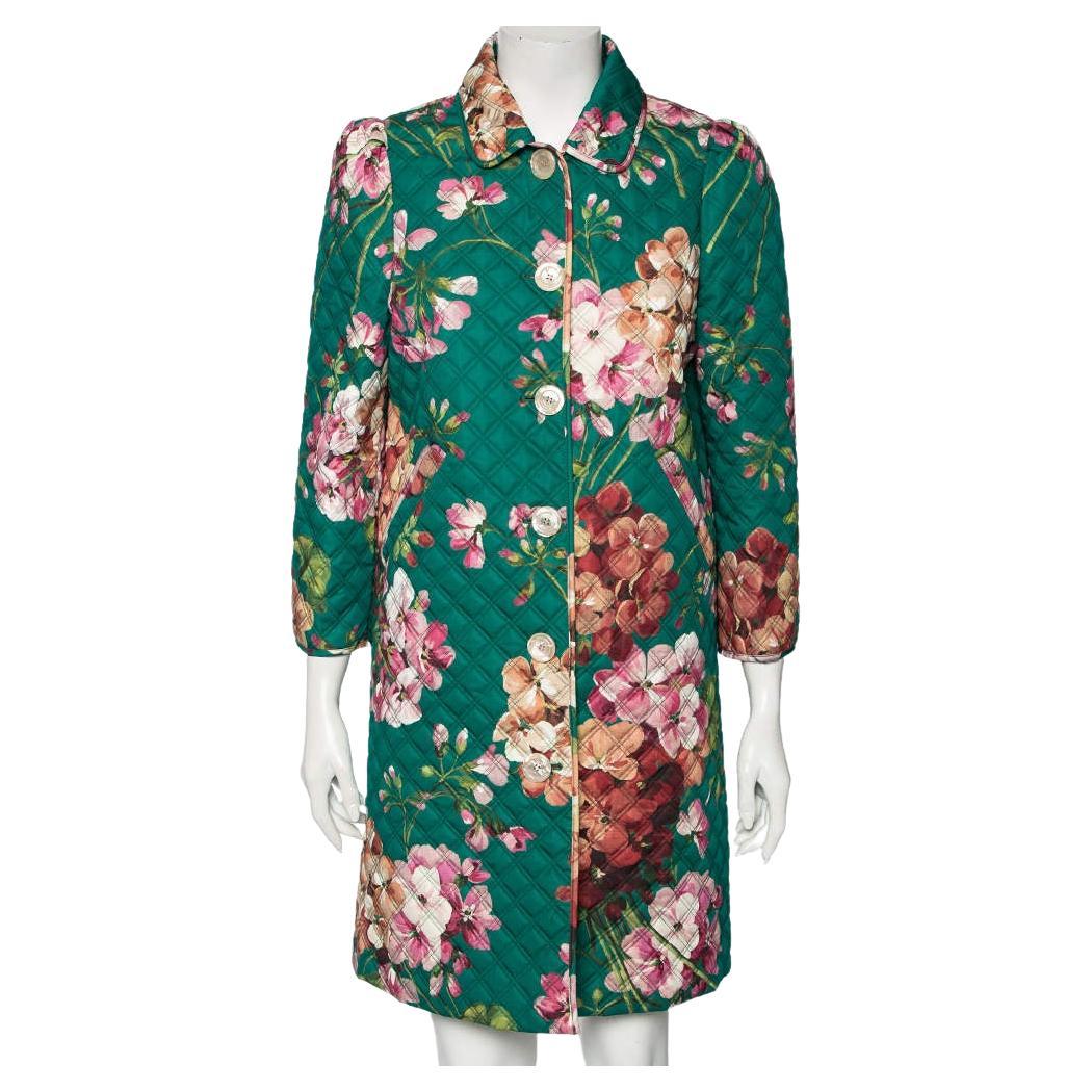 Gucci Green Floral Printed Quilted Cotton Button Front Coat M For Sale